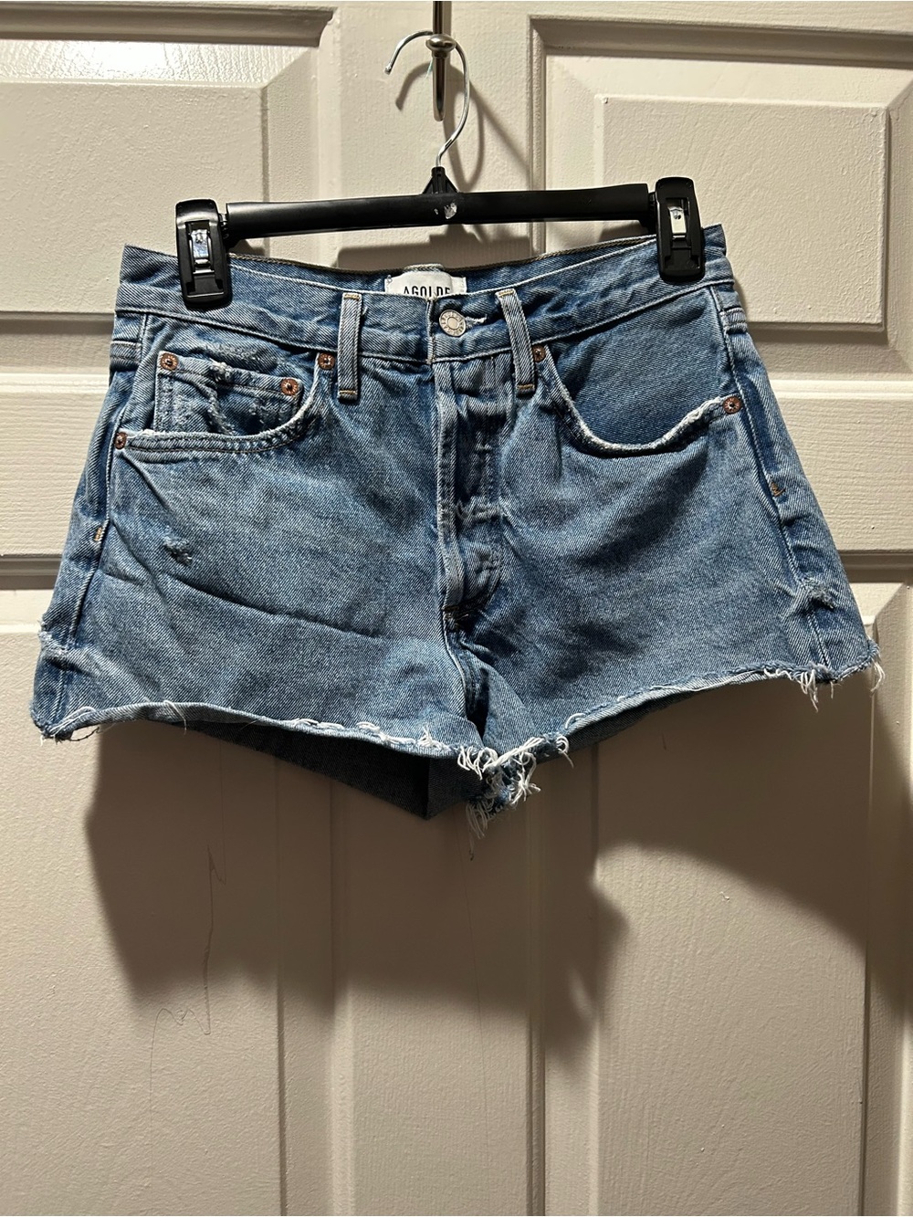 Agolde Medium Wash Parker Cut Off Frayed Hem Denim Shorts Size 25